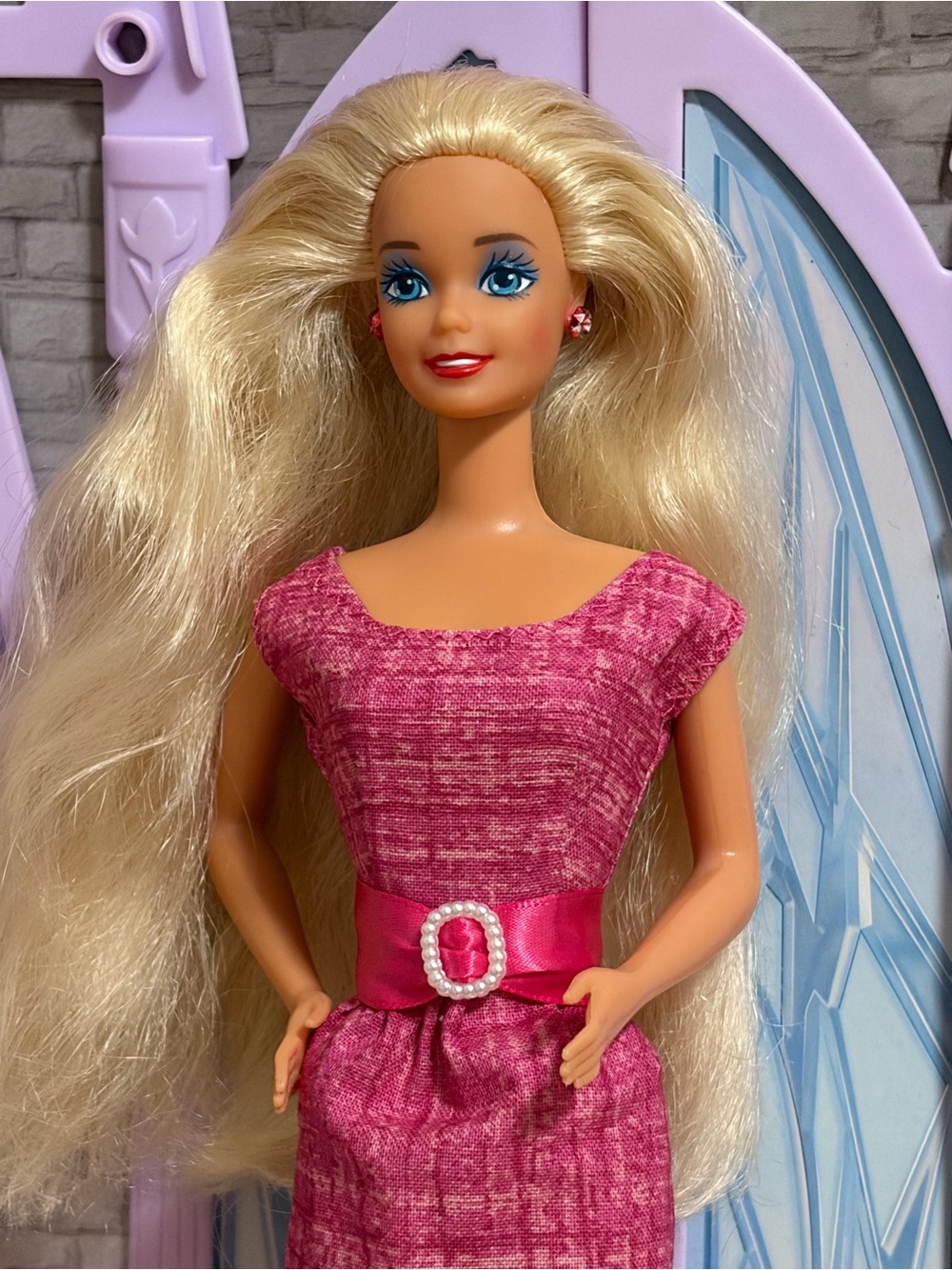 Barbie doll vintage pink Textured Dress with Satin Belt